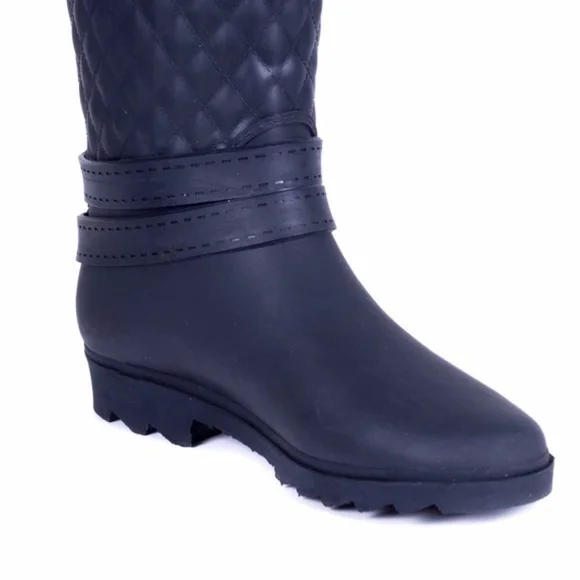 Women Rainboots, Black Quilted Rider Rubber Rain Boots, NEW - Picture 4 of 4